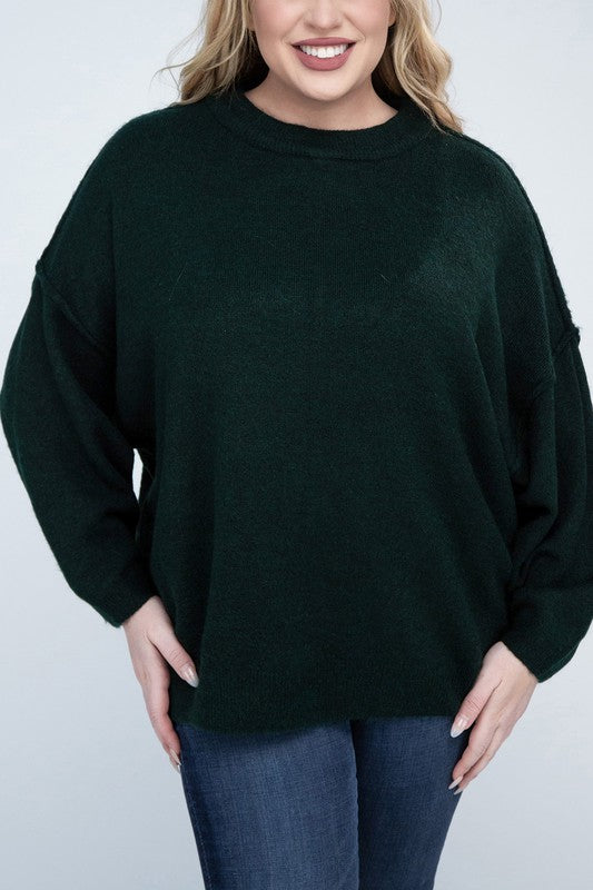 Plus Oversized Round Neck Raw Seam Melange Sweater