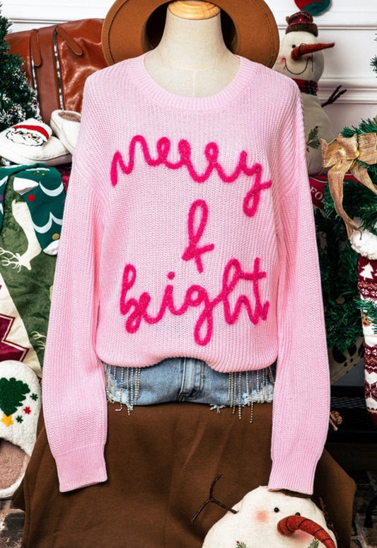 Merry and Bright Pop Up Letter Waffle Knit Sweater