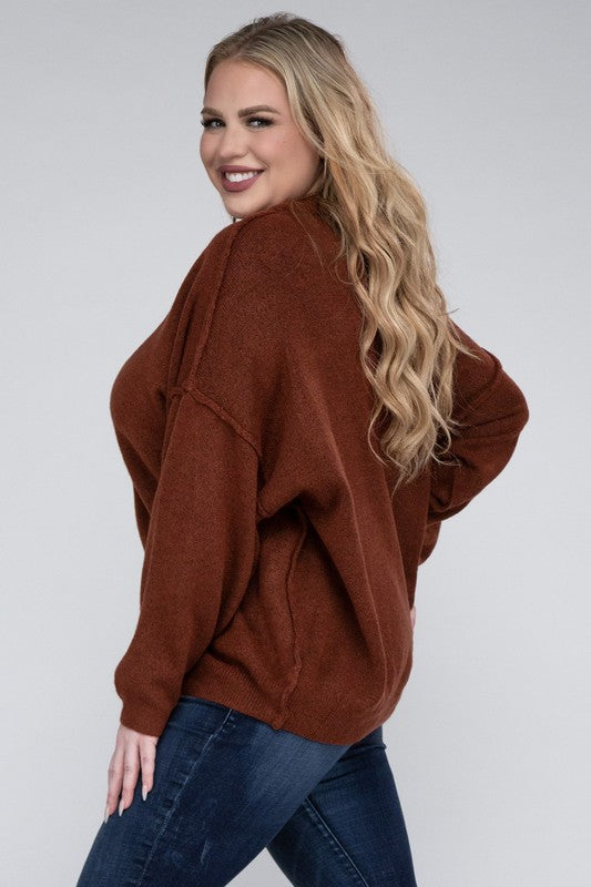 Plus Oversized Round Neck Raw Seam Melange Sweater