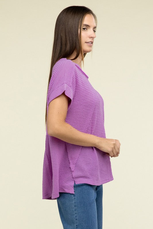 Brushed Waffle Exposed-Seam Short Sleeve Top