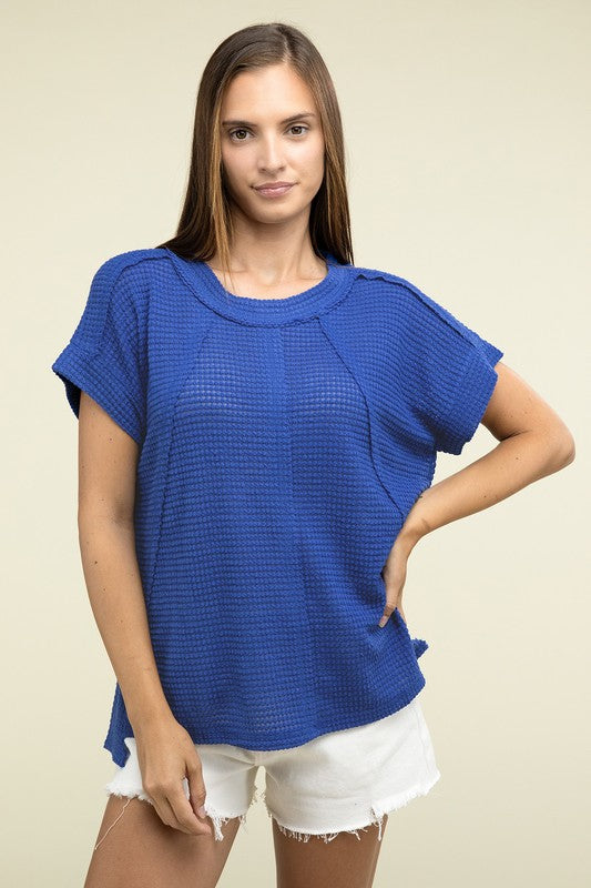 Brushed Waffle Exposed-Seam Short Sleeve Top