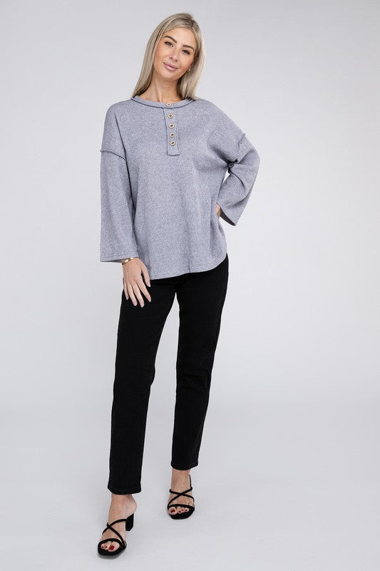 Ribbed Brushed Melange Hacci Henley Sweater